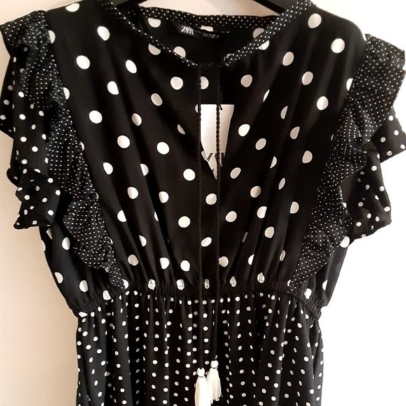 Zara Contrasting Polka Dots Ruffle Dress L - Picture 6 of 9